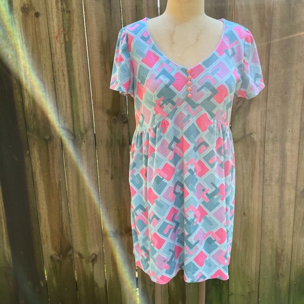 Vintage 70s EMPIRE Pastel Geometric MINI DRESS Xl 42" bust